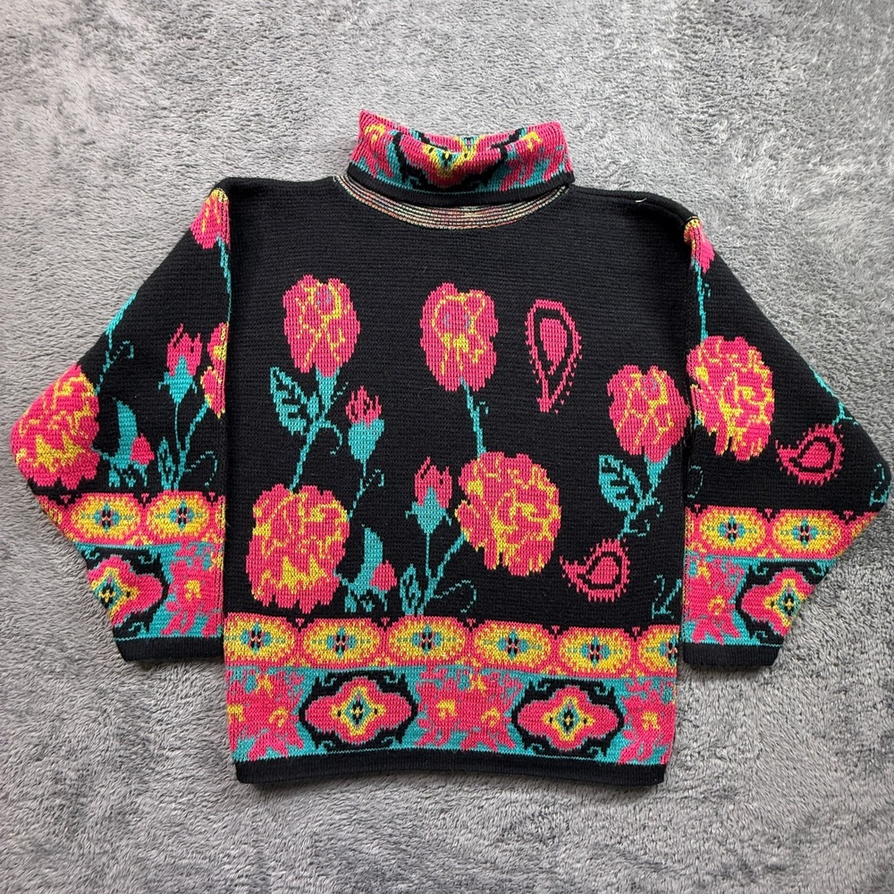 Vintage 90s Floral Knit Sweater Turtleneck Fortune Knits Inc USA Acrylic Blend M